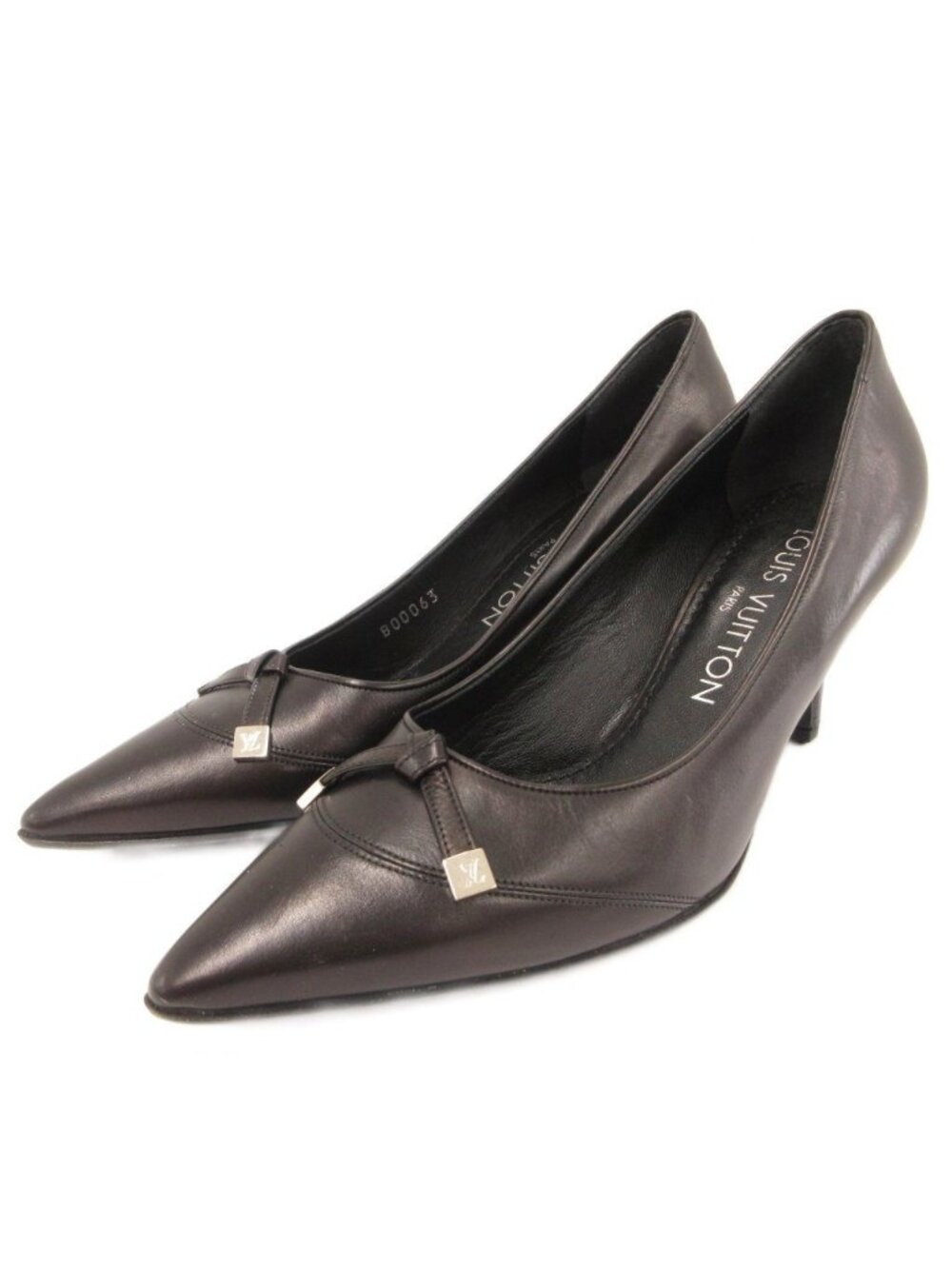 Louis Vuitton LV Monogram Metal Logo Leather Pumps Shoes Pointed Toe Ribbon